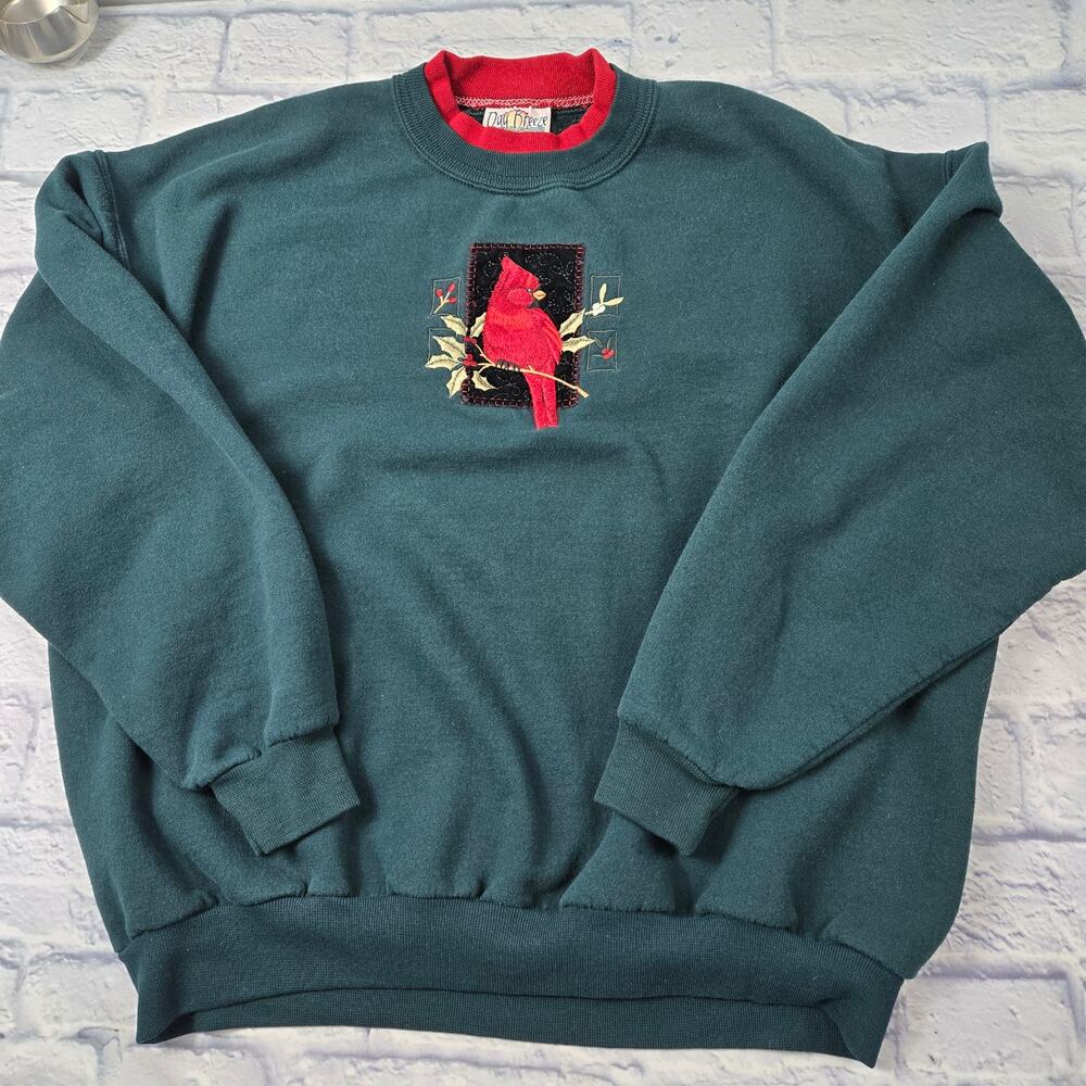 Vintage Day Breeze Cardinal Sweatshirt Embroidered Holiday Green Grannycore XL